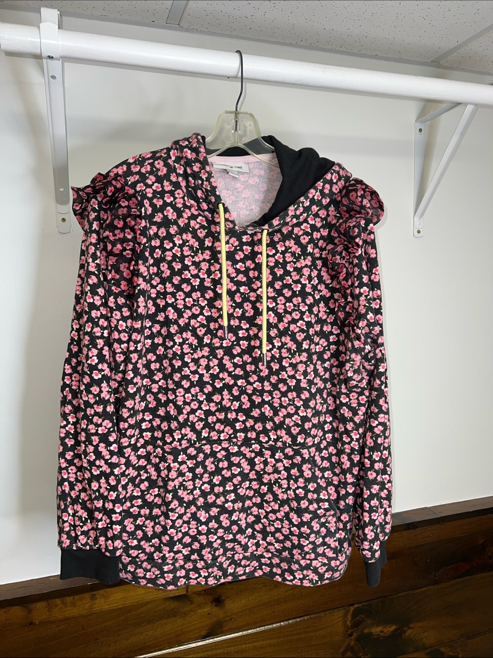 Sandy Liang For Target Black Hoodie with Pink Floral Print & Ruffle Shoulder-XL